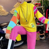 Candy Color Spliced Jumpers Women's Clothing Casual Half High Collar Autumn Winter Chic Letter Patch Designs Sweaters-Outfit