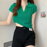 T-Shirt Women Summer New Short Net Red Hollow Knitted Shirt Full Set Thin Polo Collar Short Sleeve Top