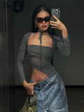 Summer New Fashion Top Women's Sexy Perspective Mesh Gauze Long Sleeve Square Neck T-shirt Street Casual Clothing Hot-Outfit