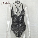 Deep V Neck S Women Fashion Solid Black Lace Halter High Leg Bodysuit Sleeveless Slim Sexy Casual Jumpsuit