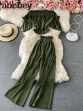 Summer Green/Black/Red Two Piece Set Women Sexy Slash Neck Short Tops + High Waist Wide Leg Pants Female Suit New