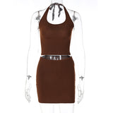 Sleeveless Backless Lace Up Sexy Slim Solid Crop Top Skirts 2 Pcs Set Summer Women Casual Outfit Sport