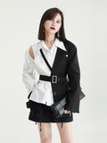 Women Black Belted Irregular Half Blazer New Lapel Long Sleeve Loose Fit Jacket Fashion Tide Spring Autumn 2023