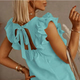 Short Sleeve Backless Lace Up Women Blouse Solid Oversize Large Size 3XL O-neck Lady Blouses Summer Loose Casual