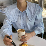 Loose Women Blouses Turn-Down Collar Pleated Draped Solid Shirt Puff Sleeve Work Style OL Button White Tops Blusas