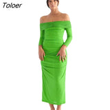Slash Neck Transparent Dress Women Sexy Long Sleeve High Waist Backless Bodycon Double Layers Ruched Midi Dresses