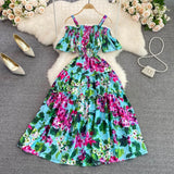 Fashion Runway Summer Dress Women's Slash Neck Cool Off Shoulder Spaghetti Strap Bellflower Printing Vacation Midi