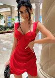 Sexy Strap Sleeveless Solid Satin Ruched Mini Asymmetrical Club