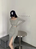 New Suit Hottie Exposed Umbilled Long-Sleeved Top + High Waist Open Half-Body Bag Skirt Two