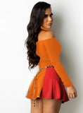 Off Shoulder Long Sleeve Crop Top and Pleated Matching Skirts 2pc