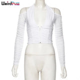 Puss 2021 Women Sexy V-Neck Fashion T-Shirt Off Shoulder Halter Chic Solid White Long Sleeve Patchwork Streetwear
