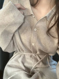 Turn Down Collar Long Sleeve Knitting Sweater Cardigan Slim Korean Bodycon Party Midi Dress Women Oversized Autumn