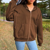 Sweetown Brown New Aesthetic Hoodies Women Vintage Zip Up Sweatshirt Winter Jacket Clothes Pockets Long Sleeve Hooded