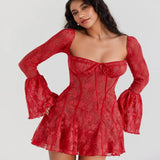 New Women's Wear Temperament And Fashion Slim Lace Horn Long-Sleeved Tie A Pendulum Dress Woman-Outfit