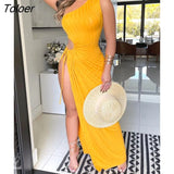 Boho Style Holiday Solid One Shoulder High Slit Drawstring Cutout Ribbed Maxi Dress Casual Party Wear Bandage Long