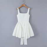Sexy Slash Collar Tie Bow Sashes Backless Dress Woman Slim Waist Stitching Ruched Swing Ball Gown Mini Tank Robe Black-Outfit