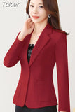 Solid Color Elegant Red Blazer Women Jacket England Style Slim Fit Long Sleeve Outerwear Notched Collar Single Button