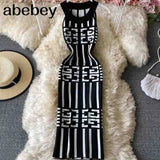 Fashion Geometry Knitted Women Dress 2022 Summer Halter Sleeveless Bodycon Dress Europe Style Ladies Office