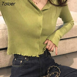 Green Thin Knitting Cardigan Women Spring Summer Button Up Long Sleeve Cropped Top Woman Round Neck Solid Color