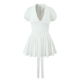 Sexy White Lapel Collar Low Chest Corset Style Mini Dress Short Puff Sleeve Women Tie Bow Sashes Ruched Pleated Hem Robe-Outfit
