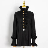 Ruffle Trim Chic Blouse For Women Turtleneck Bell Sleeve Casual Patchwork Button Shirt Female Fashion New