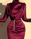Satin Maxi Party Dresses Sexy Split Ladies Elegnt Long Sleeve Turtleneck Bodycon Dresses 2020 New Clubwear