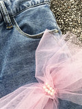 Women's Jeans High Waist Slim Pink Mesh Bowknot Pearls Stretch Female Denim Ankle-Length Pants 2024 Summer New Fashion-Outfit