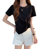 Irregular T-shirt Women Summer Skinny T Shirt Femme Solid Short Sleeve Korean Kpop Slim O-Neck Tshirt Woman Clothes Top-Outfit