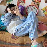 Kawaii Blue Jogging Sweatpants Korean Fashion Sport Pants Women Baggy Soft Girl Patchwork Love Heart Wide Leg