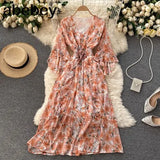 Women Chiffon Floral Dress Korean V Neck Short Sleeve Belt A-line Dress Summer Boho Print Ruffles Beach Midi