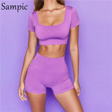 Summer 2021 Sport Women Short Sleeve Set Skinny Yellow Tracksuit Casual Tops And Biker High Waisted Shorts Two Piece