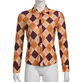 Graduation party gift V Neck Long Sleeve T Shirts Women Brown Houndstooth Print Autumn Vintage Fashion Casual Sexy Crop Top E Girl Harajuku