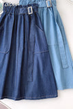 Midi Denim Skirt Women 2023 Spring Summer Safari Style Big Pocket Belt A Line Knee Length High Waist Jeans SKirt
