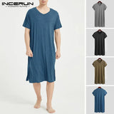 Sleep Robes Short Sleeve Solid Cotton 2021 V Neck Soft Bathrobes Leisure Comfortable Men Nightgown Homewear INCERUN S-3XL