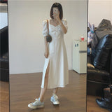 Women Square Collar Holiday Lady Sundress Side-slit Design Pure Summer Sexy Fashion Vintage French Style Simple High