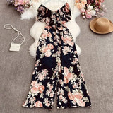 New Summer Women Slash neck off shoulder puff sleeve Jumpsuit elastic waist slim print wide leg Pants
