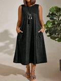 Plus-Size Women's Commuting Round Collar Solid Color Sleeveless Pocket