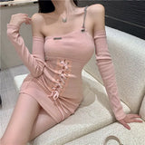 Lace Up Bandage Cross Women Slit Mini Dress One Shoulder Long Sleeve Knitting Bandage Front Sexy Streetwear Party Elegant