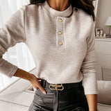3xl Solid Color Slim Autumn Office Lady Style T-shirts Top Long Sleeve Women's Shirts with Button T-shirt Female