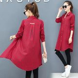 Korean Midi Striped Print Shirt for Female Turn-down Collar Single-breasted Fashion Long Sleeve Blouse Women's Clothing-Outfit