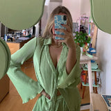 Sweetown Green Single Breasted V Neck Casual Tops & Blouses Women Button Up Flare Long Sleeve Elegant Autumn Cardigan