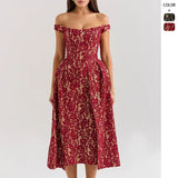 Spring And Summer New Women's Fashion Temperament Word Shoulder-To-Shoulder-To-Shoulder-To-Back-Up-Sender-Print Dress Dress