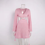 Women Knit Hollow Out V Neck Mini Dress Sexy Long Sleeve Beach Backless Autumn 2021 Party Club Casual Solid Clothing