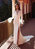 Elegant White Mesh Deep V Neck Long Sleeve Slit Eevening Dress 703-1-Outfit