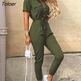 Solid Jumpsuit Women Summer 2021 Deep V Neck Button Shirt Overalls Short Sleeve Office Lady One Piece Romper