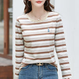Autumn Women's Pullover Round Neck Embroidery Solid Striped Long Sleeve Undershirt Slim T-shirt Office Lady Casual Tops-Outfit