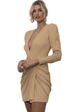 Elegant Khaki V Neck Long Sleeve Slit Mini