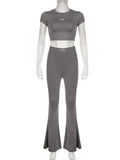 Yoga Basic Solid Pants Set Women Sporty Activewear Slim 2 Piece Sets Short Sleeve Cropped T Shirt High Waist Flare Pants-Outfit