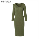 WOTWOY V-Neck Wrapped Knitted Dress Women Autumn Solid Sheath Sweater Dresses Women Knee-Length Bodycon Long Sweater Female