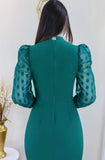 Elegant Green Keyhole Puff Sleeve Bodycon Midi